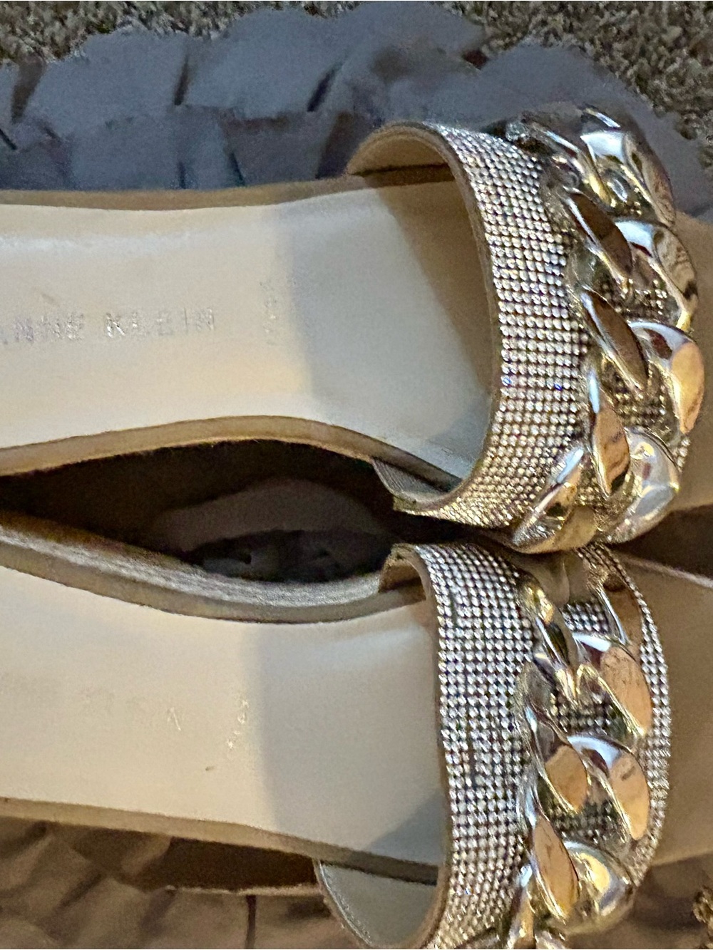 Anne Klein Silver Rhinestone Chain Slide Mules